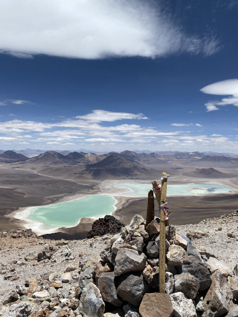 Spectacular panorama of Laguna Verde and the Bolivian Altiplano from the summit of Licancabur Volcano, South Lipez, Bolivia.