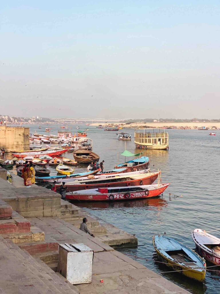 View of the boats on the Ganges from a ghat in Benares, India.