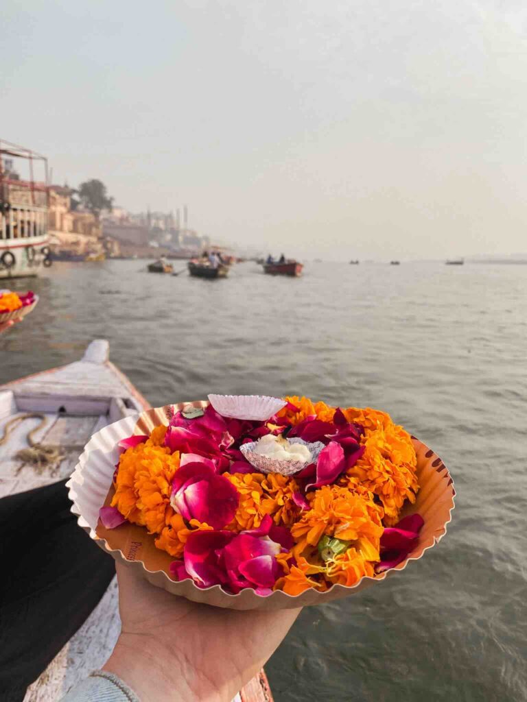 Traditional offering to be placed on the Ganges in Varanasi, India.