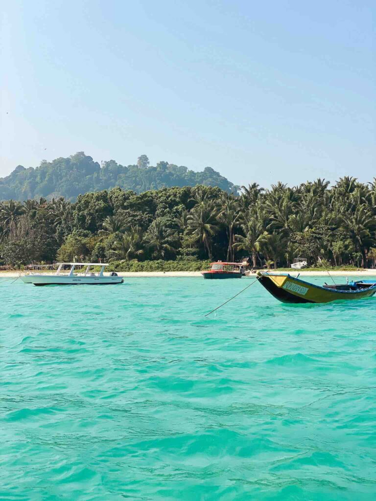 View from the sea of a beach with boats and turquoise water at Havelock.