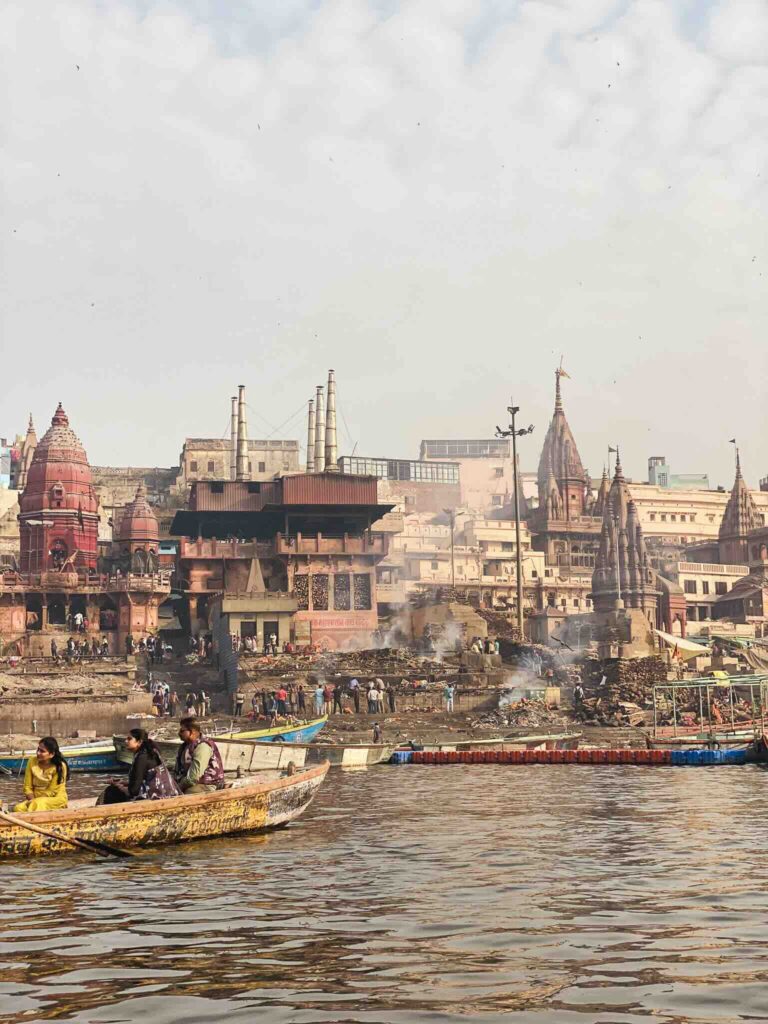 Cremation ghats in Benares, India, traditional funeral rites on the Ganges.