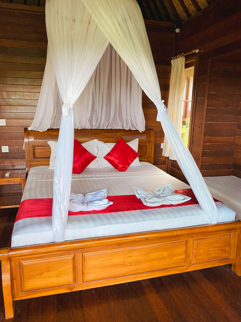 Wooden interior of a bungalow in Nusa Lembongan during a trip to Bali.