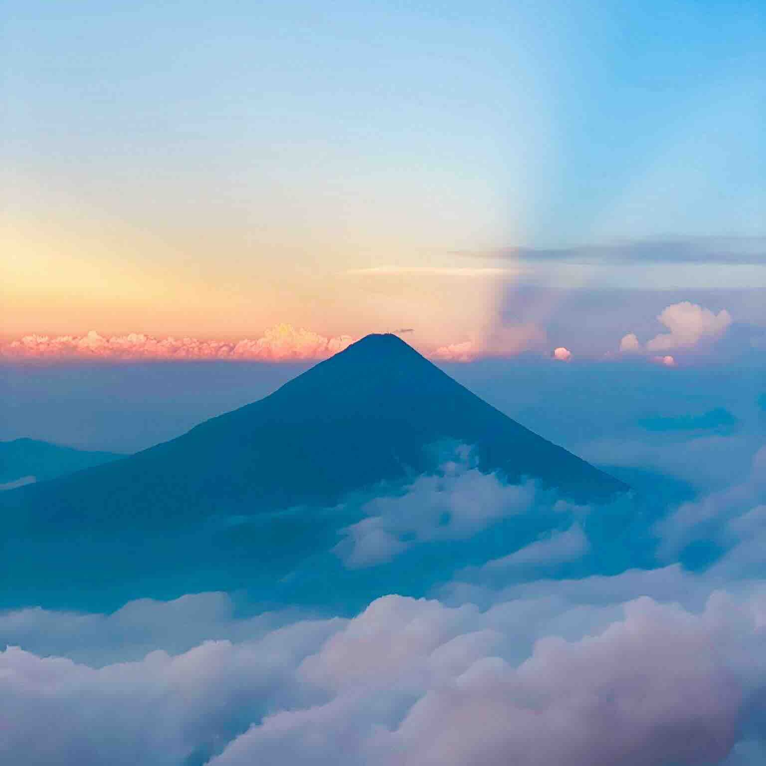 Volcano at sunset during the Acatenango volcano hike in Guatemala