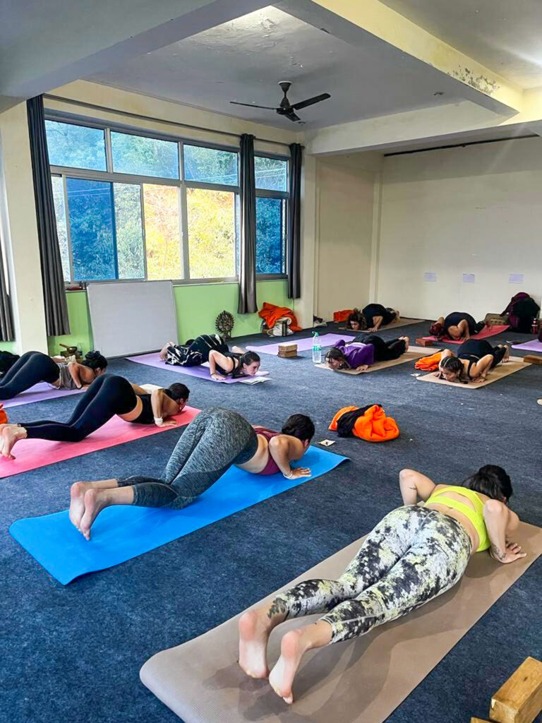 Yoga asana session during a training course in Rishikesh, India