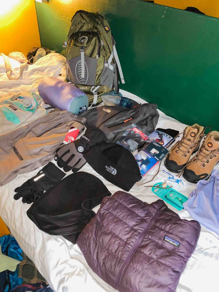 Trekking gear and equipment ready for departure on the Three Passes Trek in the Himalayas, Nepal.