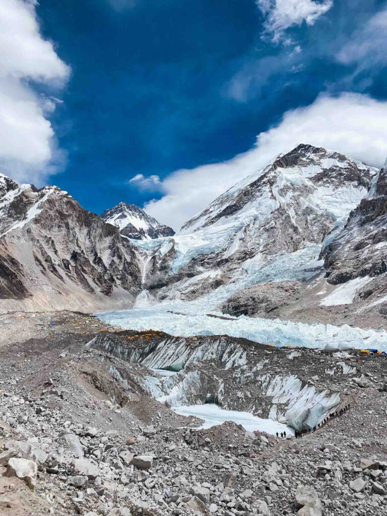 Everest Base Camp with glaciers and snowy mountains, during the Everest Base Camp trek, Nepal.