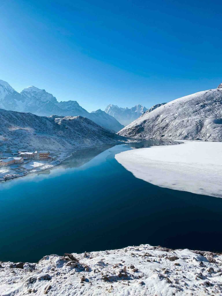 Panorama from Gokyo Ri over the snowy lake, Gokyo village, and Himalayan mountains, Three Passes Trek, Nepal.