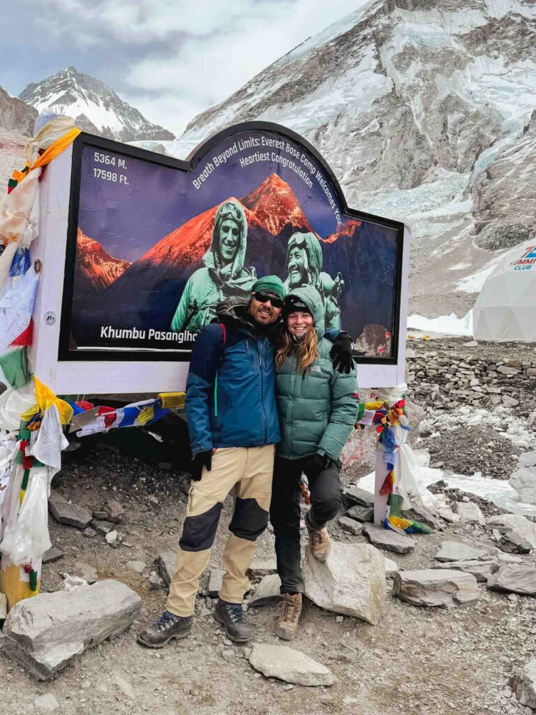 Photo at Everest Base Camp in Nepal with my guide, iconic starting point for ascending the world’s highest peak.