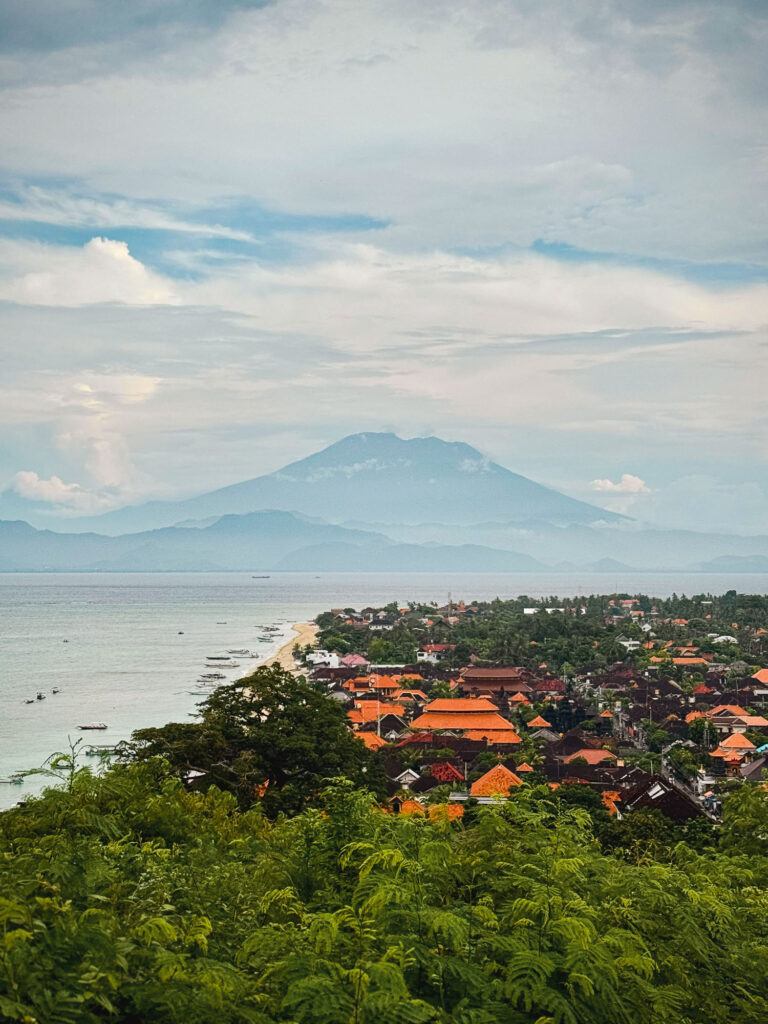 Panoramic view of Nusa Lembongan and Mount Agung from the high points of the island.