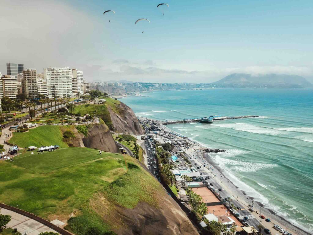 View of the Pacific Ocean and the city of Lima from Miraflores district during a trip to Peru.