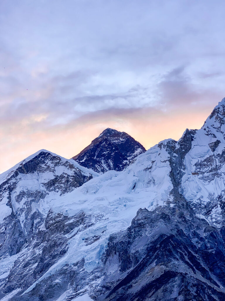 Spectacular panorama from the summit of Everest illuminated by the sunrise, Nepalese Himalayas, Three Passes Trek.