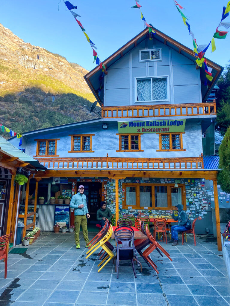 Typical terrace of a tea house in the Nepalese Himalayas, during the Three Passes Trek.