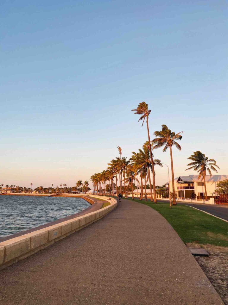 Sunset stroll along the water in Carnarvon during our Perth to Exmouth road trip.