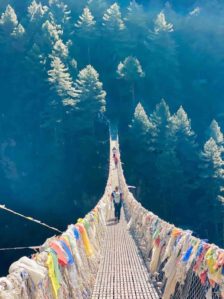 Himalayan footbridge decorated with Nepali prayer flags, with pine forest in the background, Three Passes Trek, Nepal.