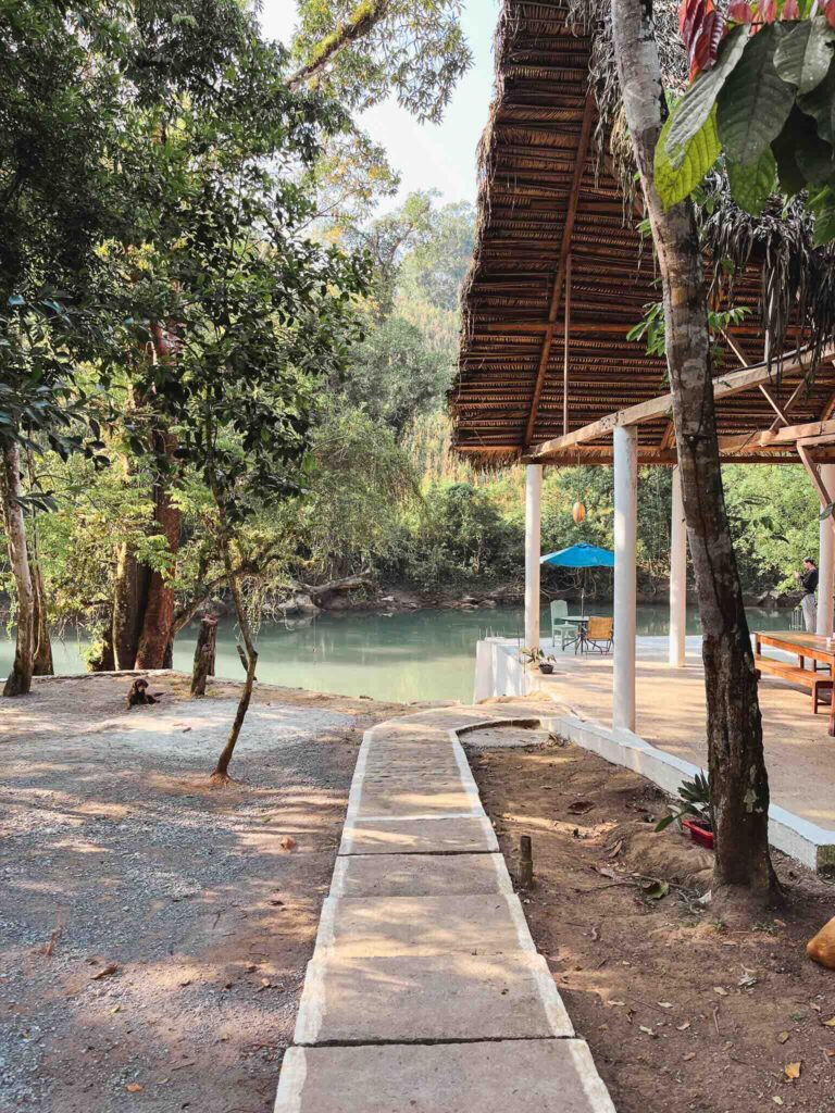Accommodation in Semuc Champey with a view of the river and surrounding vegetation in Guatemala
