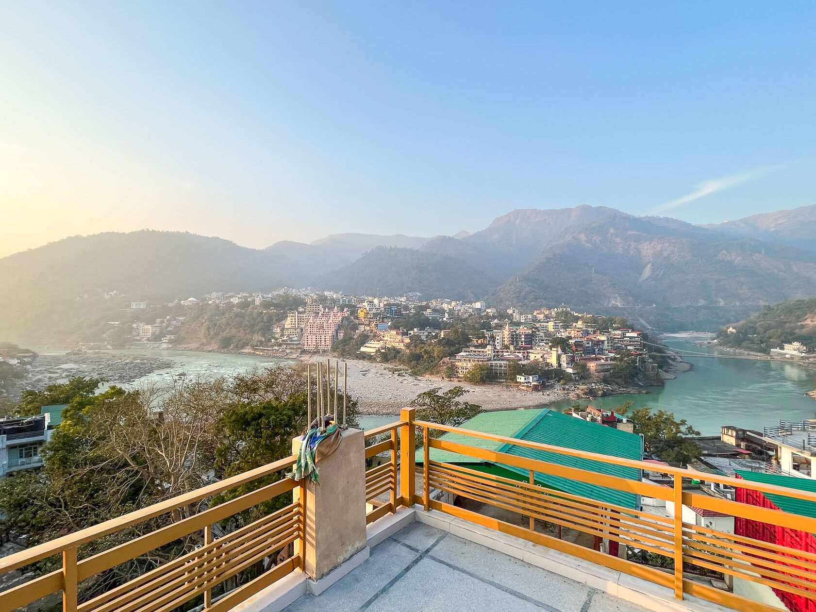 Rooftop view of the mountains surrounding Rishikesh, India