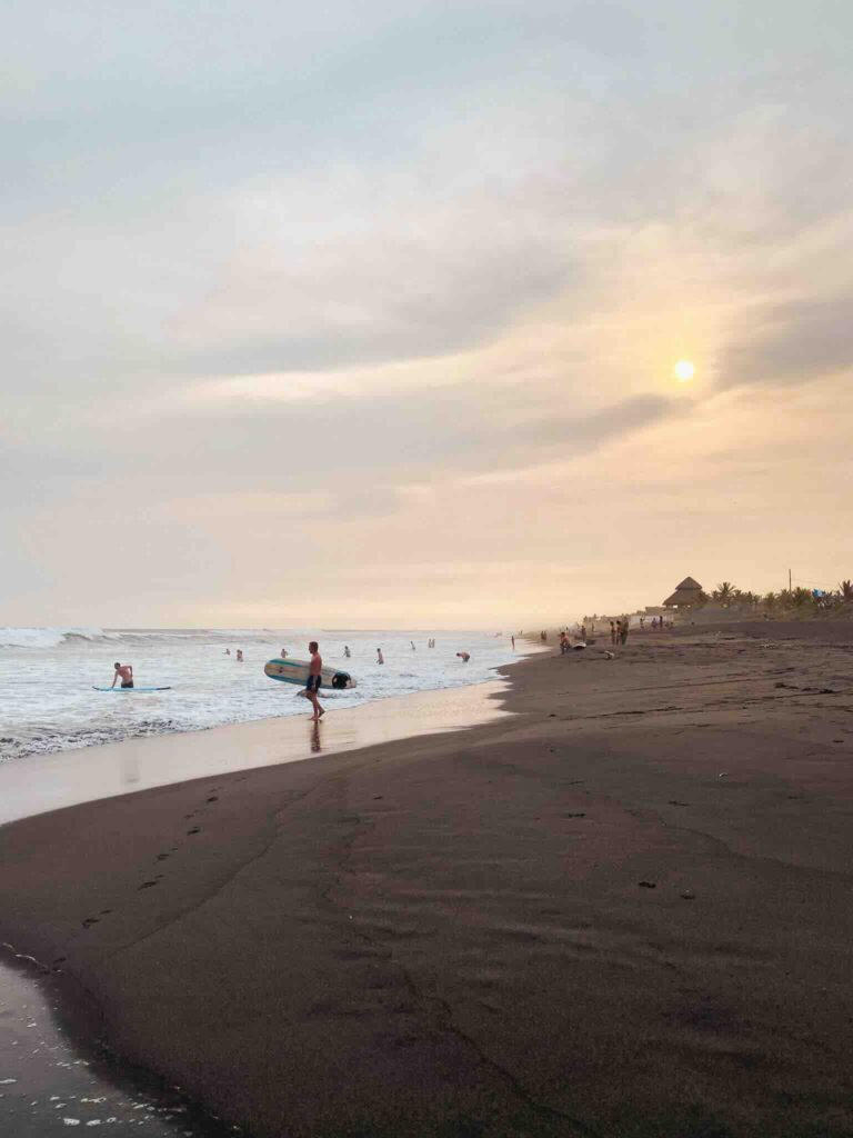 View of the beach and ocean in El Paredón Guatemala at sunset