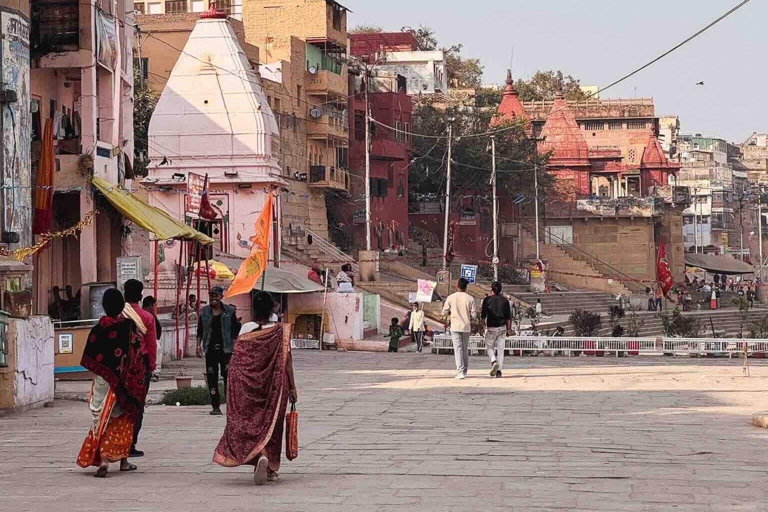 Everyday life on a ghat in Benares, India, along the Ganges.