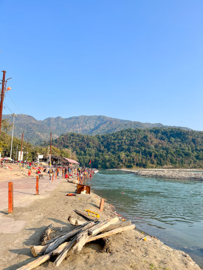 View of the Ganges River and the surrounding mountains in Rishikesh, India