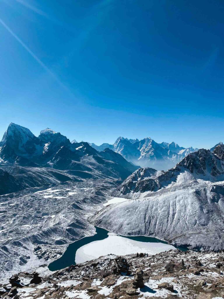 Trip to Nepal: summit of Gokyo Ri with views of Gokyo Lake, glaciers, and the Himalayan mountains.