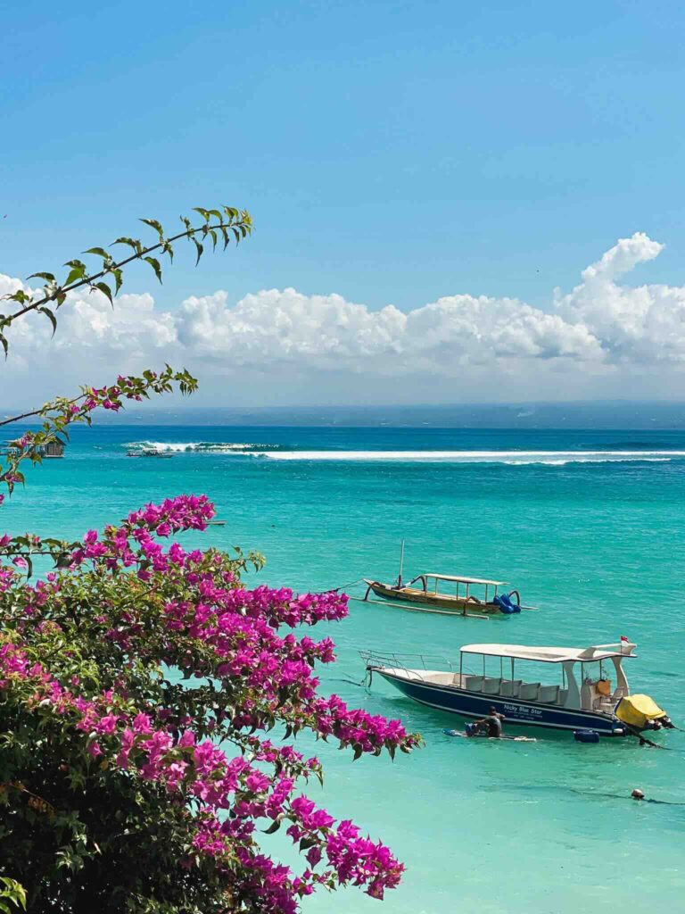 Trip to Nusa Lembongan: panoramic view of turquoise sea with boats and pink flowers.